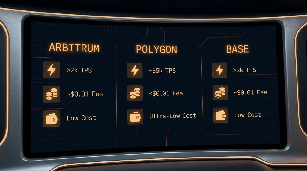 Editorial comparison panel of three Layer 2 networks shown with their relative speed and fee characteristics