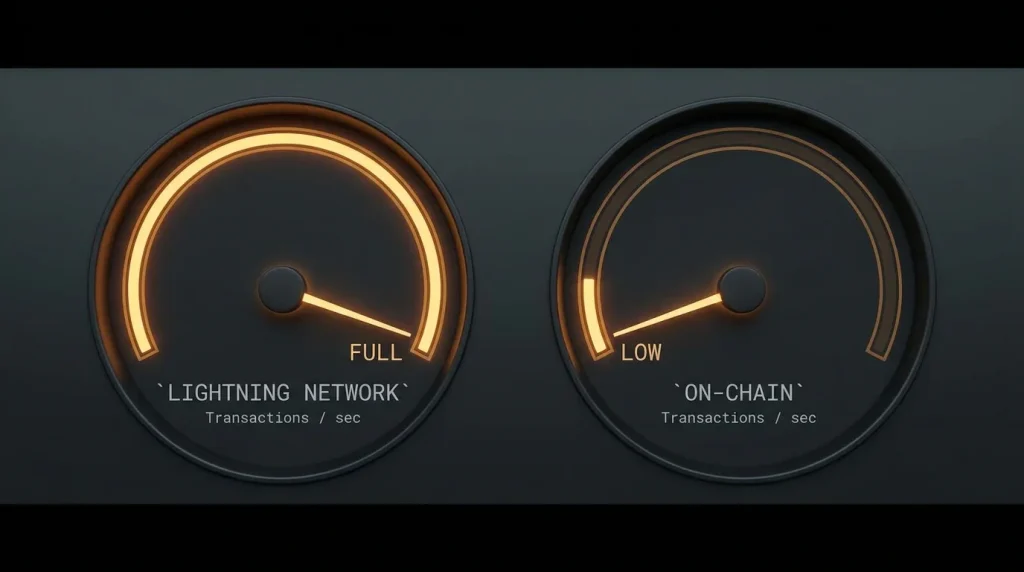 Editorial speed comparison panel showing Lightning Network deposit versus on-chain confirmation timing