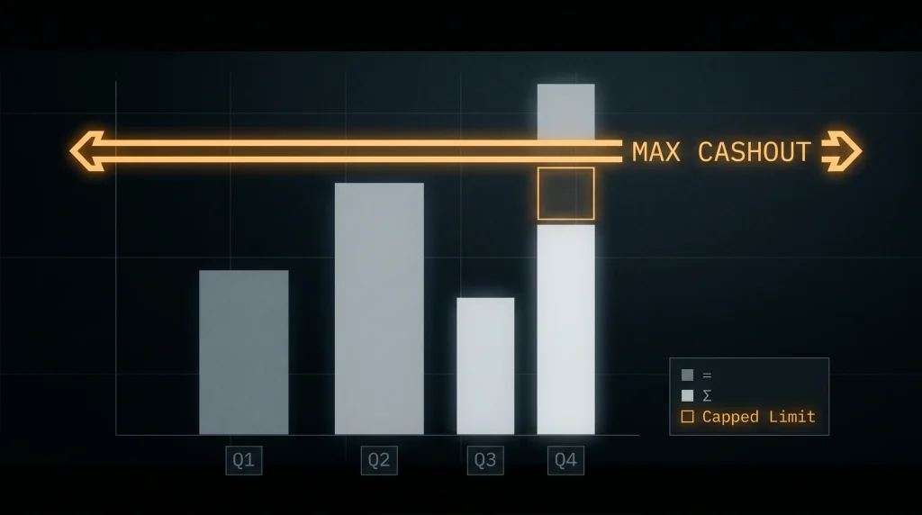 Editorial illustration of a hidden cap acting as a brake on wager-free bonus winnings shown as a ceiling line