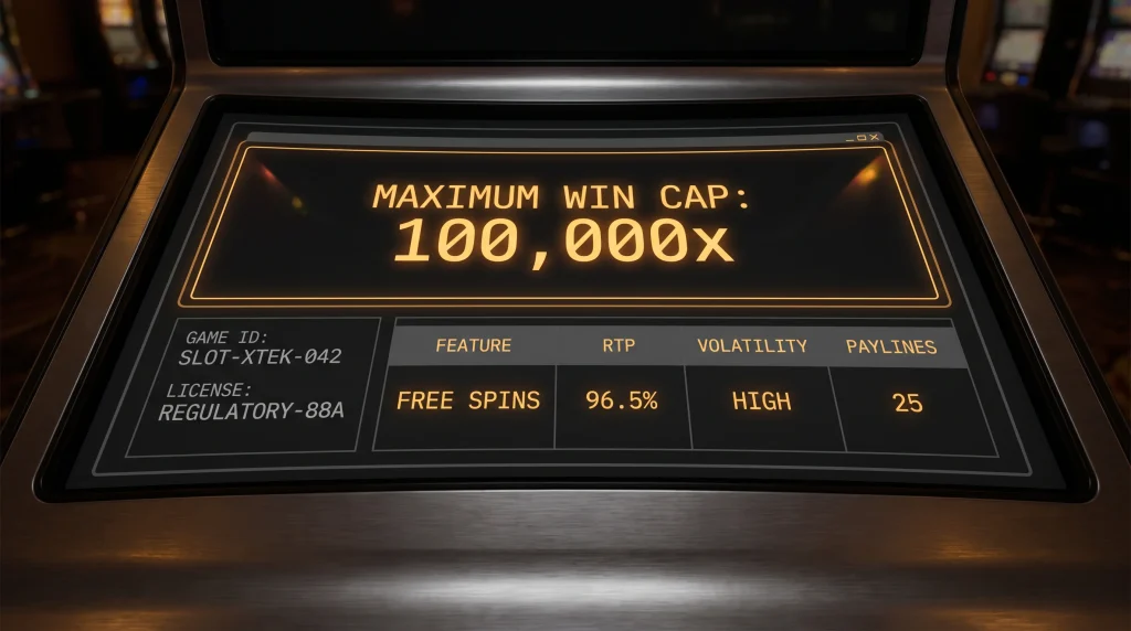 Slot game information panel highlighting a maximum win multiplier cap displayed in bold monospace text