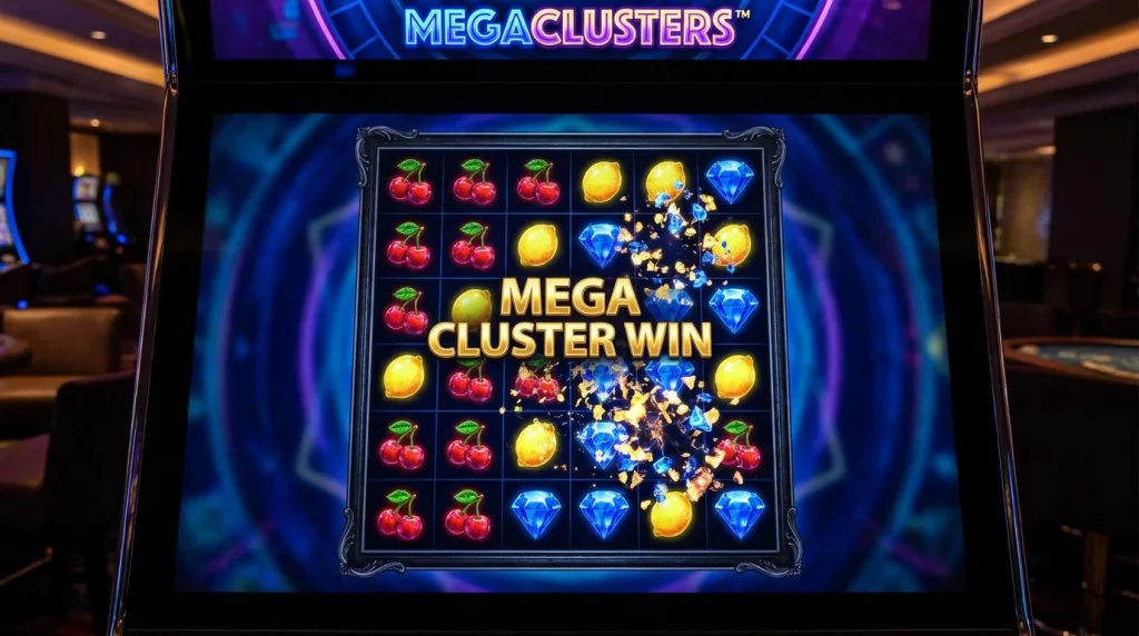 Slot game grid showing the Megaclusters mechanic with small symbols filling a six by six cluster grid