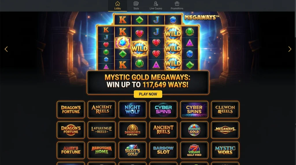 Offshore casino lobby homepage with Megaways slot banner taking up the hero slot above the fold