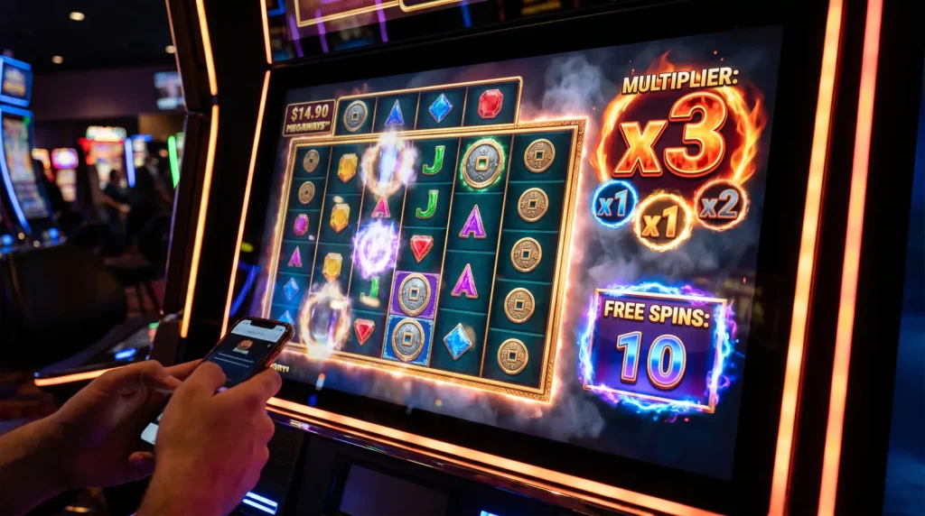 Megaways slot free spins round showing an active persistent multiplier trail climbing as cascades resolve