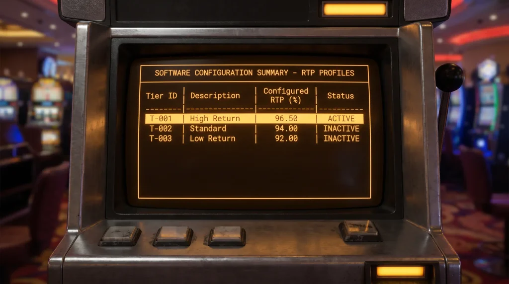 In-game information panel for a Megaways slot showing three different RTP percentage tiers side by side