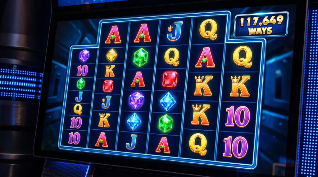 Six-reel Megaways slot grid with variable symbol counts per column showing the dynamic ways calculation