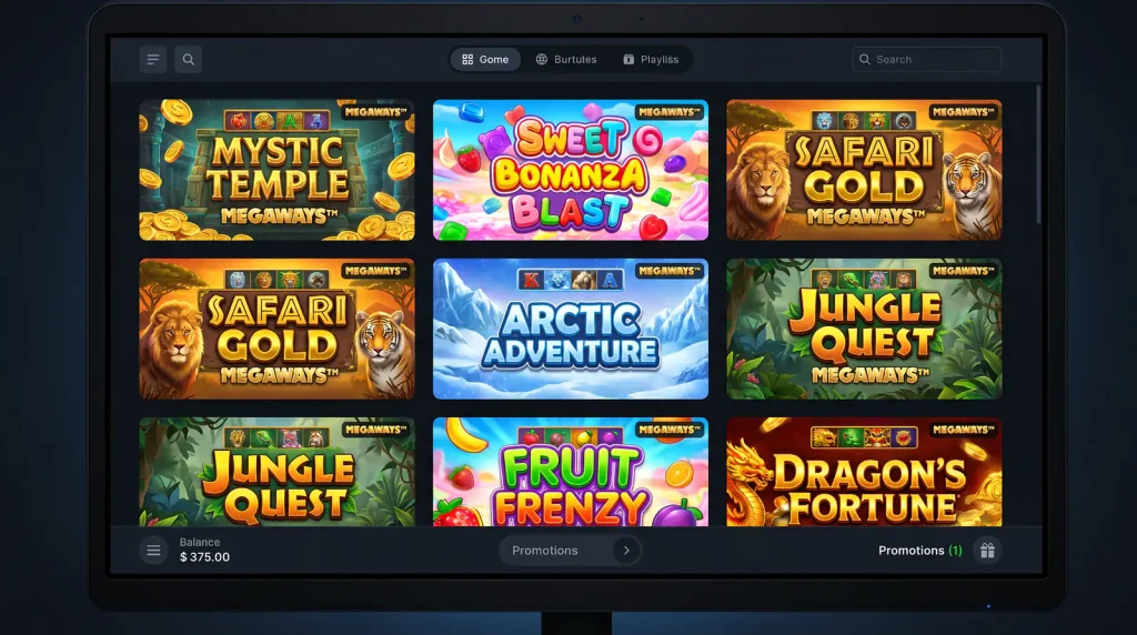 Grid of popular Megaways slot title thumbnails as displayed in an offshore casino games lobby