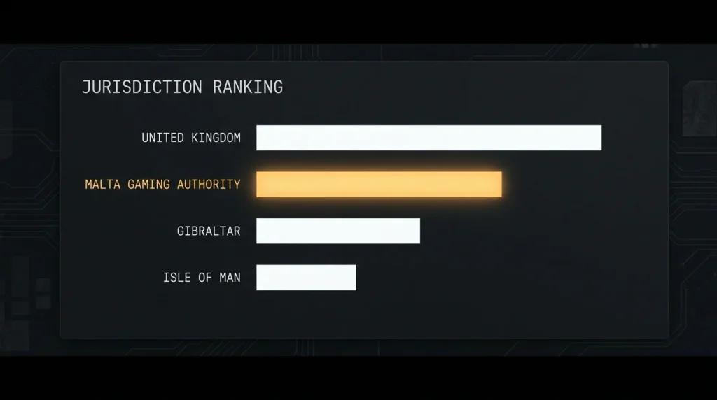 Editorial bar chart ranking gambling licence jurisdictions by relative supervisory strength