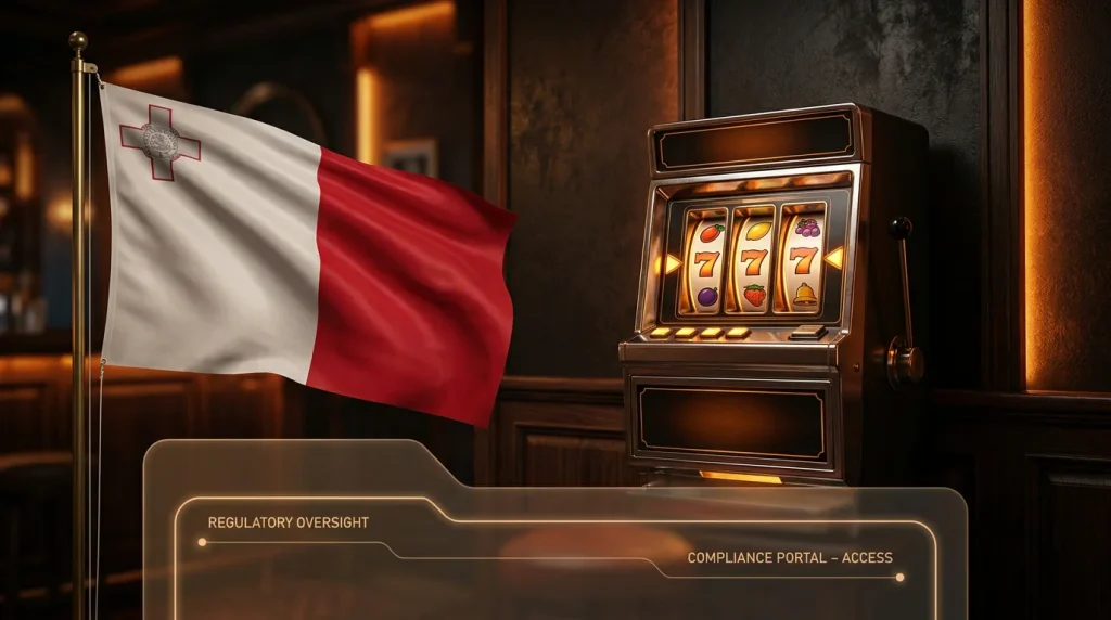 Malta flag with MGA Player Hub logo and slot reels with UK acceptance map