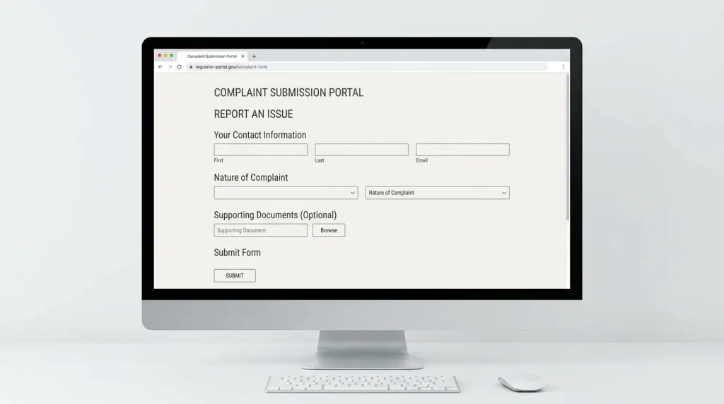 MGA Player Hub style complaint submission portal screen displayed on a desktop browser