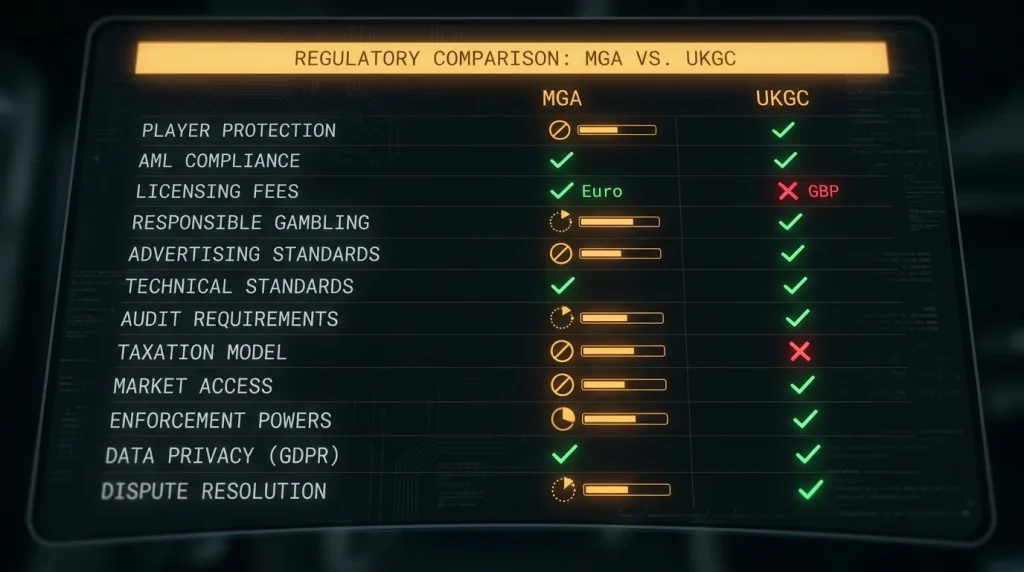 Editorial comparison table showing the regulatory gaps between MGA and UKGC frameworks