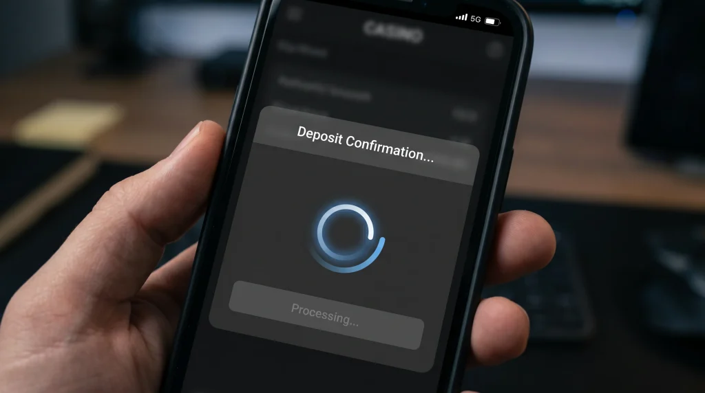 Smartphone screen showing a deposit confirmation loading indicator with 5G signal icon at the top