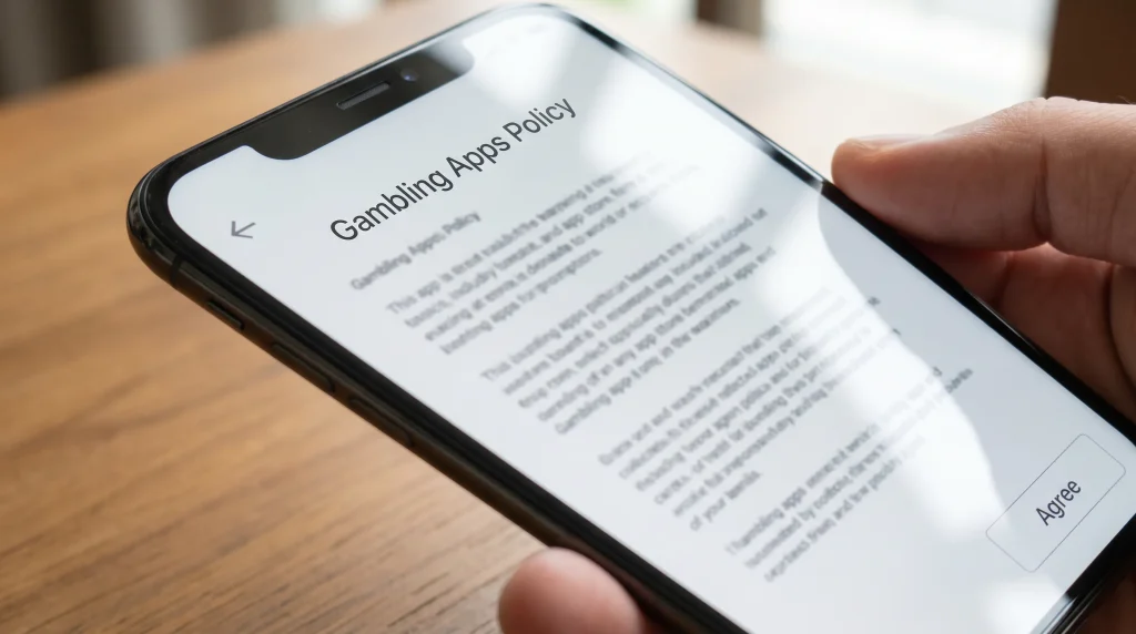Smartphone screen showing a generic app store gambling policy notice page