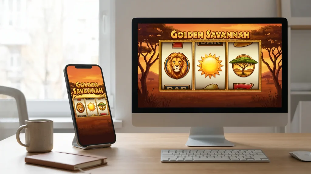 Side by side comparison of the same slot game on a smartphone and a desktop monitor