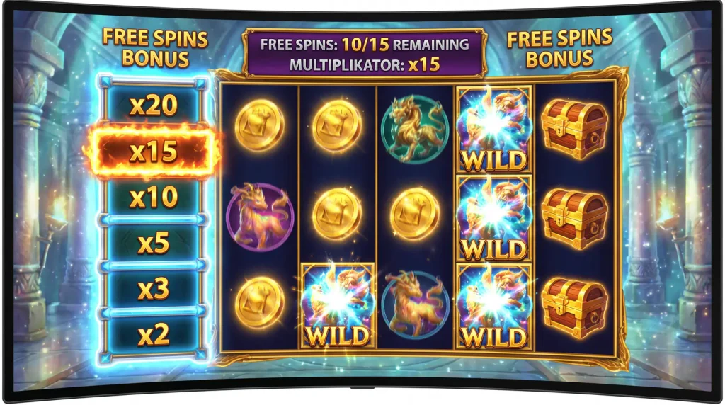 Slot game free spins screen with a progressive multiplier stack ladder displayed on the side