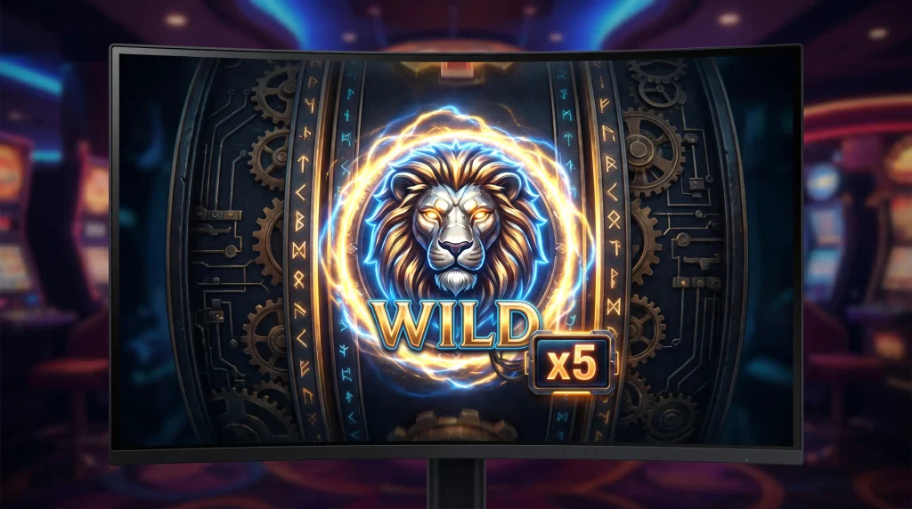 Slot reel close-up showing a multiplier wild symbol glowing with an attached multiplier value