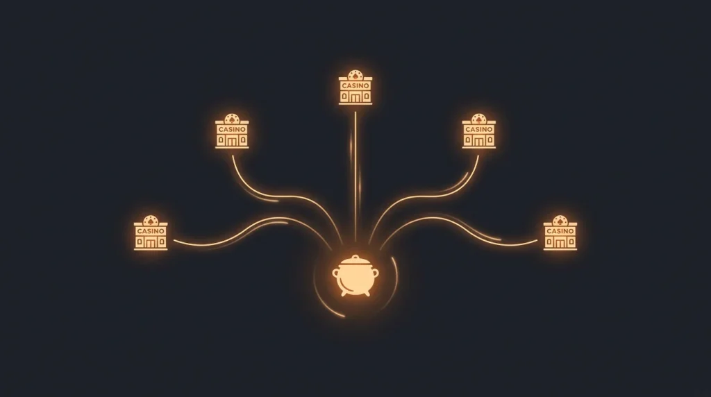 Stylised flow diagram showing how player stakes feed into a shared network jackpot pool across multiple casino sites