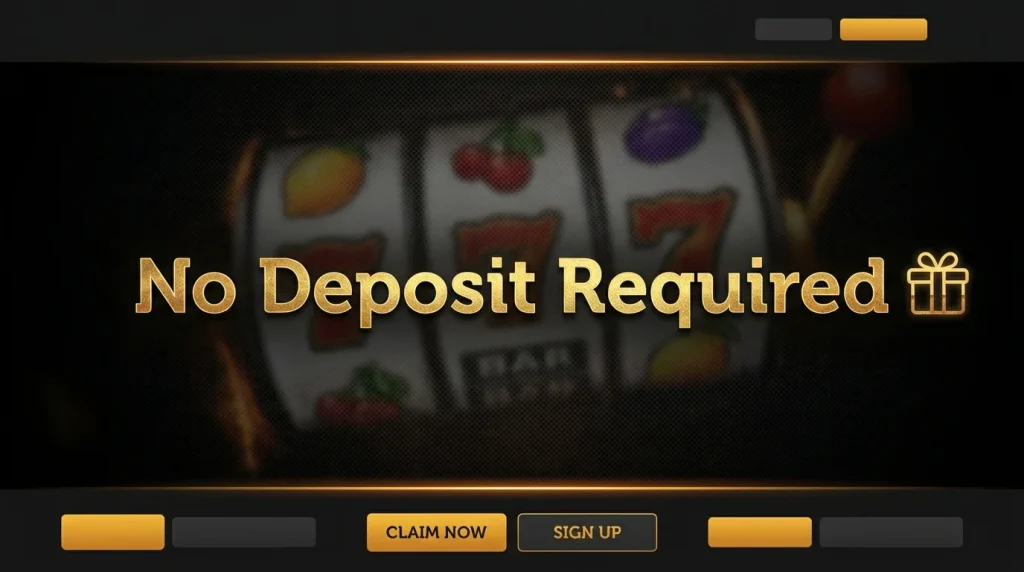 Casino promotional banner advertising a no deposit free spins offer with bold headline graphics