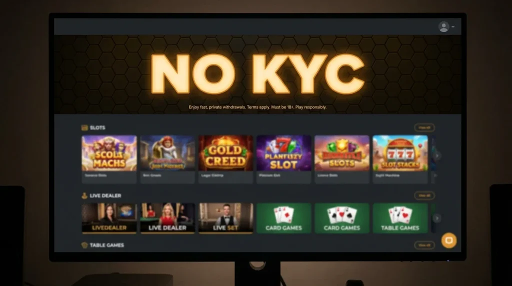 Casino site no KYC marketing banner shown above a much smaller fine print disclaimer