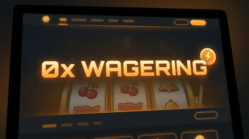 Casino promotional banner advertising a no wagering bonus with bold zero multiplier headline