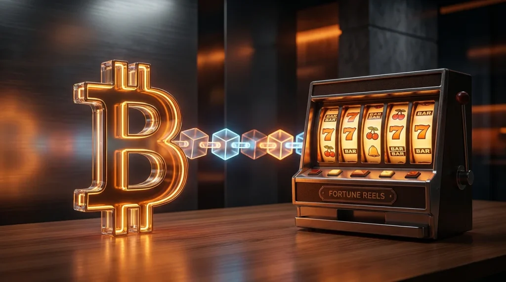 Bitcoin BTC logo with slot reels and blockchain block diagram