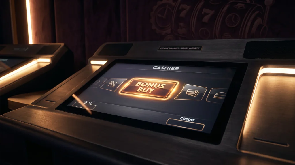 Slot machine cashier panel showing a bonus buy button priced at 100x the base stake