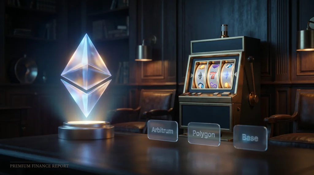 Ethereum logo with Arbitrum Polygon and Base Layer 2 network symbols and slot reel
