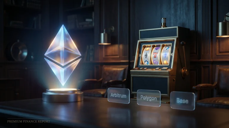 Ethereum logo with Arbitrum Polygon and Base Layer 2 network symbols and slot reel