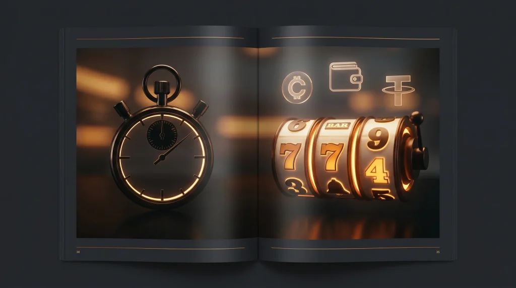 Stopwatch silhouette next to slot reels with payment rail icons floating above on a dark editorial background