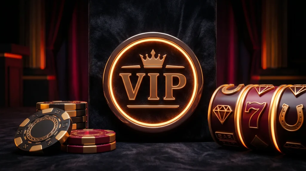 VIP tier badge with stylised high denomination casino chips next to slot reels on a dark editorial background