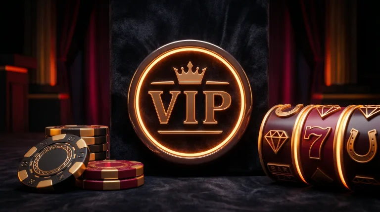 VIP tier badge with stylised high denomination casino chips next to slot reels on a dark editorial background