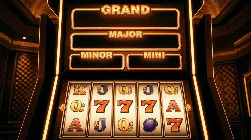 Slot reels displaying a four-tier jackpot ladder with seed values in monospace