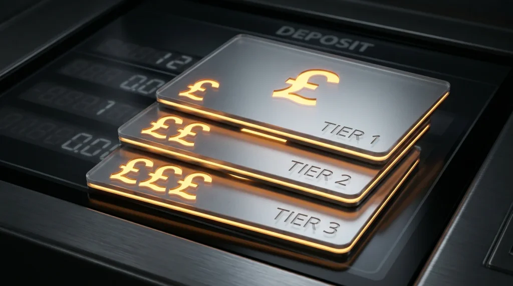 Three stacked deposit tier cards labelled with pound symbol increments on a dark casino cashier interface backdrop