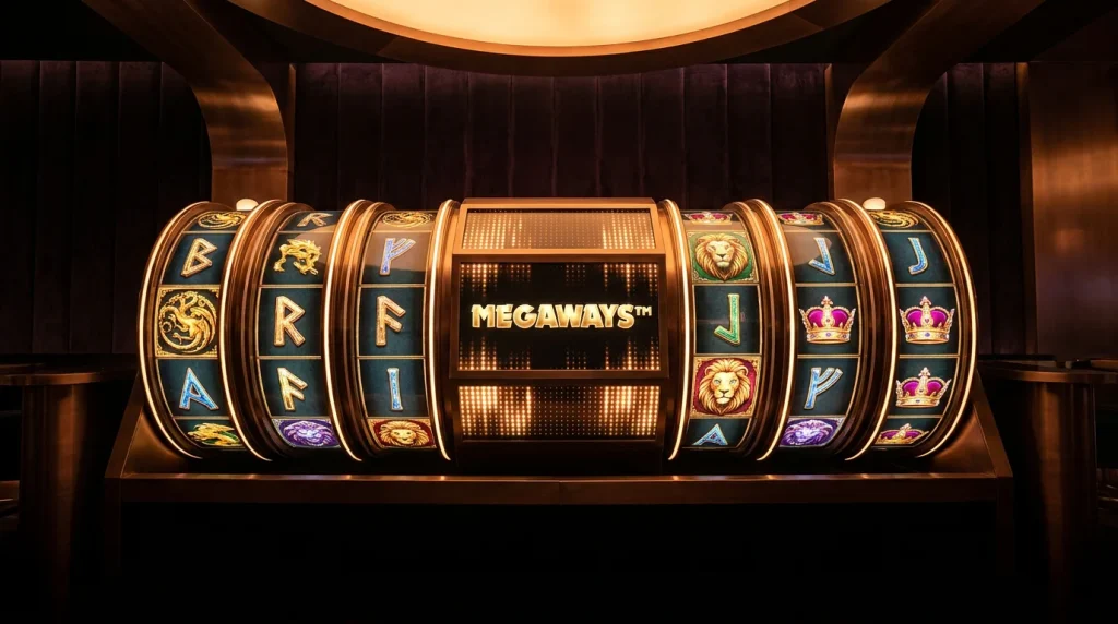 Megaways slot reels with six columns and variable symbol stacks against an amber accent grid