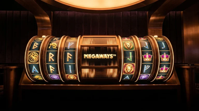 Megaways slot reels with six columns and variable symbol stacks against an amber accent grid