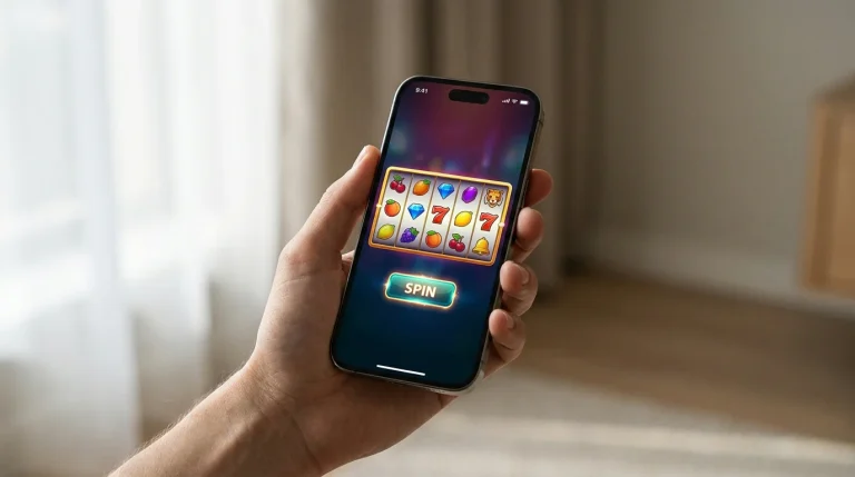 Smartphone screen displaying a slot lobby in browser with progressive web app installation prompt