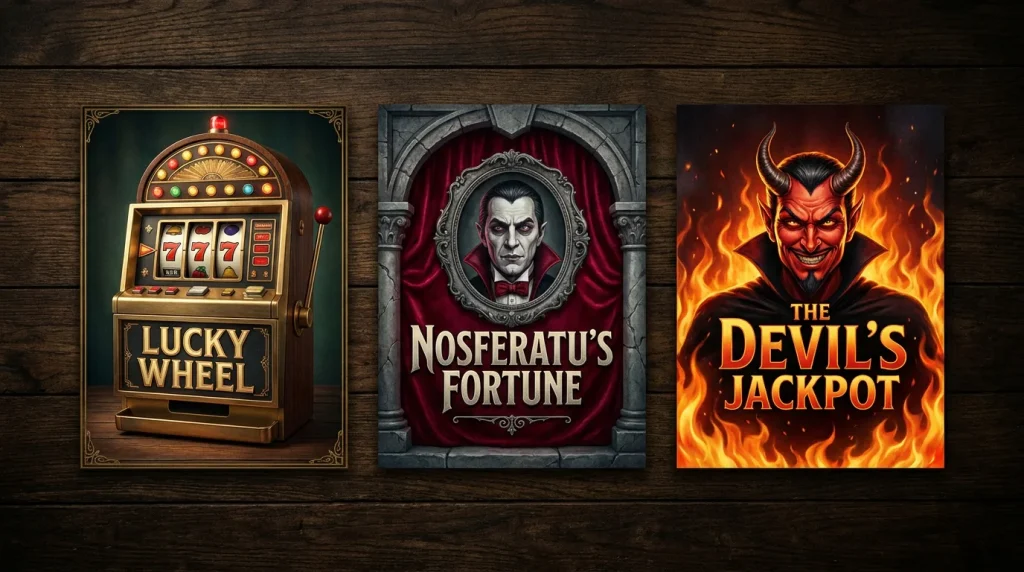 NetEnt classic slot covers arranged on a dark background featuring Mega Joker Blood Suckers and Devil Delight art styles