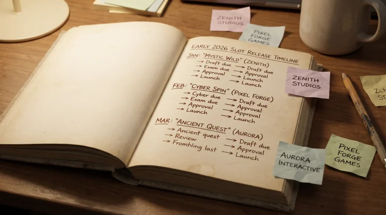 Stylised planning notebook page mapping 2026 slot release timeline with handwritten studio names
