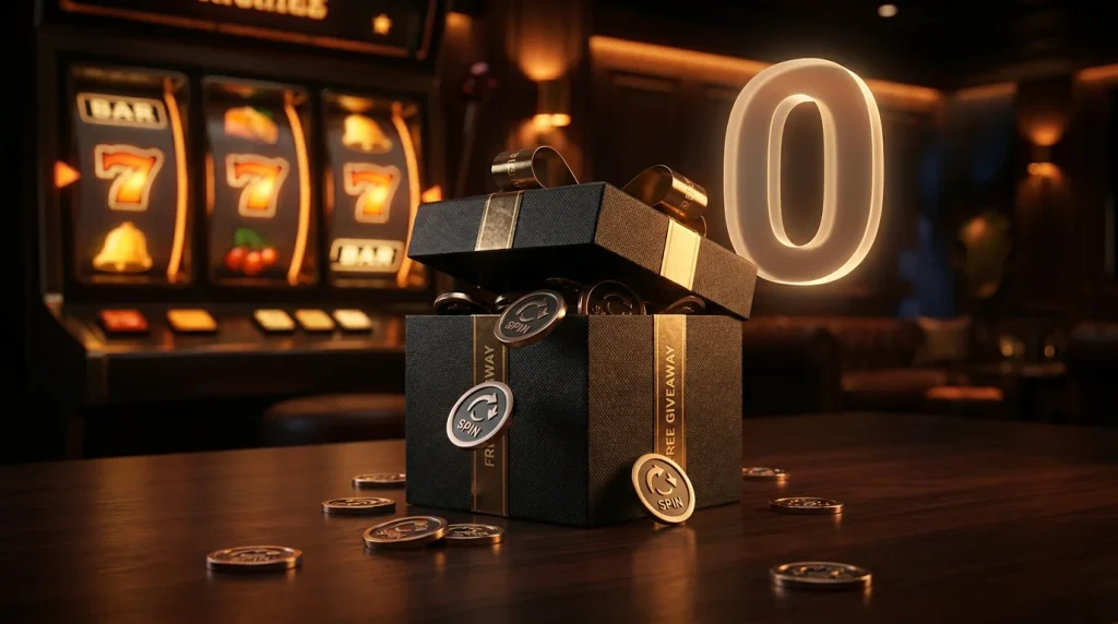 Free spins gift box with slot reels and zero pound deposit symbol