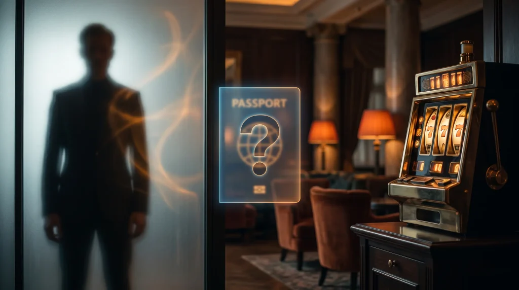 Faceless silhouette next to slot reels and passport icon with question marks