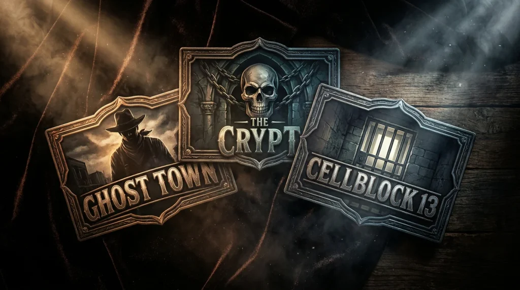 No Limit City title cards Tombstone Mental and San Quentin in a high-contrast catalogue grid