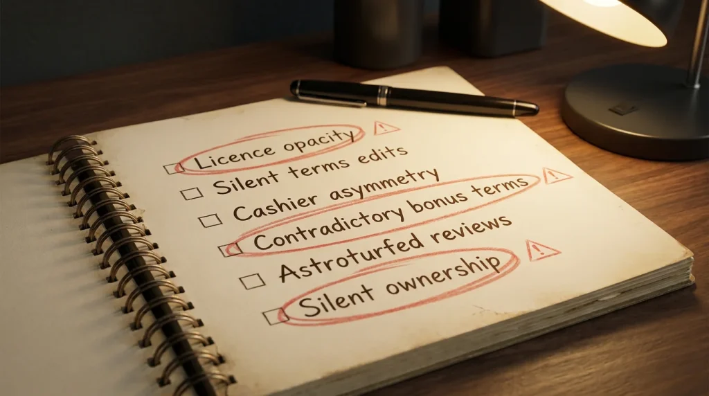 Notebook page listing operator red flags with several items annotated and circled in red ink