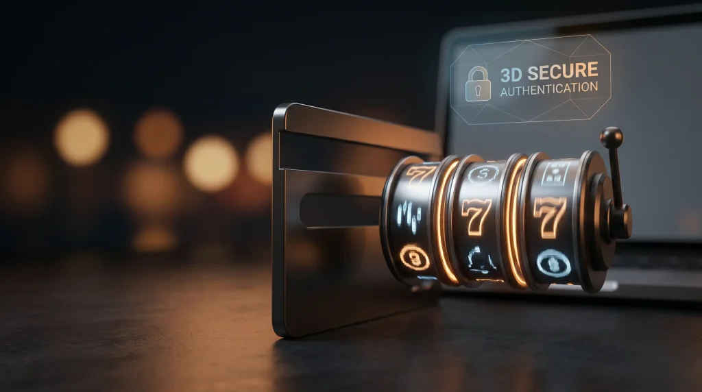 Stylised payment card silhouette next to slot reels on a dark editorial background with 3D Secure authentication overlay