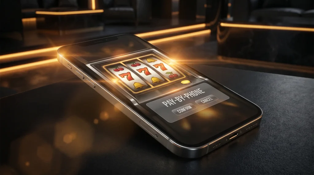 Mobile phone with Boku and slot reels showing phone bill deposit interface