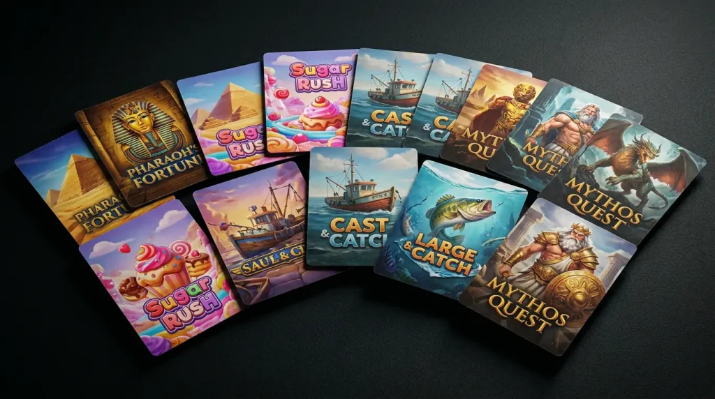 Pragmatic Play studio catalogue spread across a dark background with multiple slot title cover thumbnails