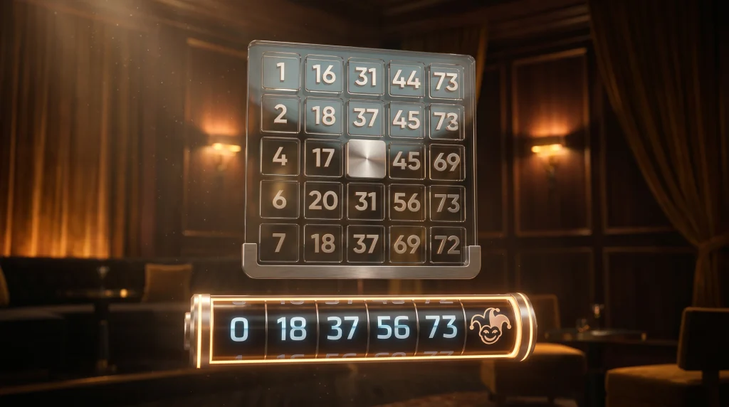 Slingo 5x5 grid with bingo numbers and slot reel showing hybrid mechanic