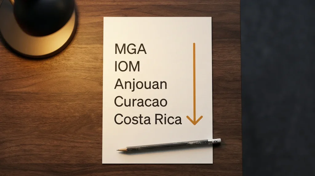 Vertical ranking chart of offshore licensing jurisdictions from MGA at the top to Costa Rica at the bottom