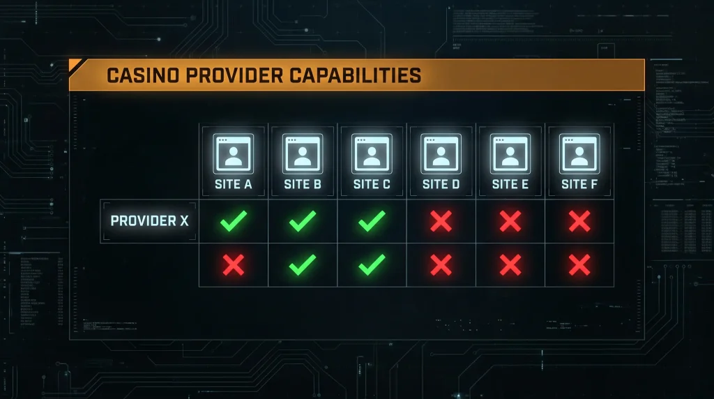Editorial grid showing studio availability check marks across multiple offshore casino site placeholders