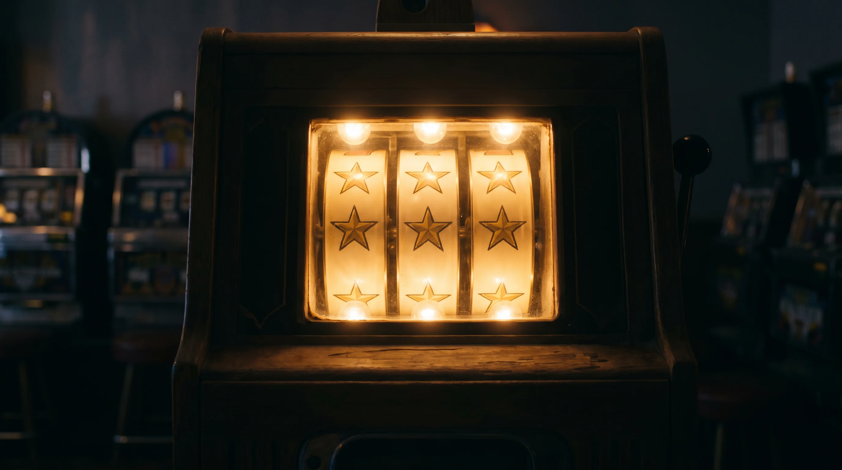 Slot machine bonus round reels lit up against a darkened casino backdrop
