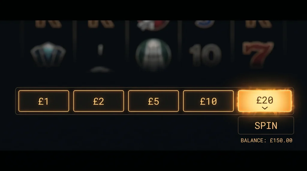 Slot game stake selection panel showing high stake denominations available at an offshore site
