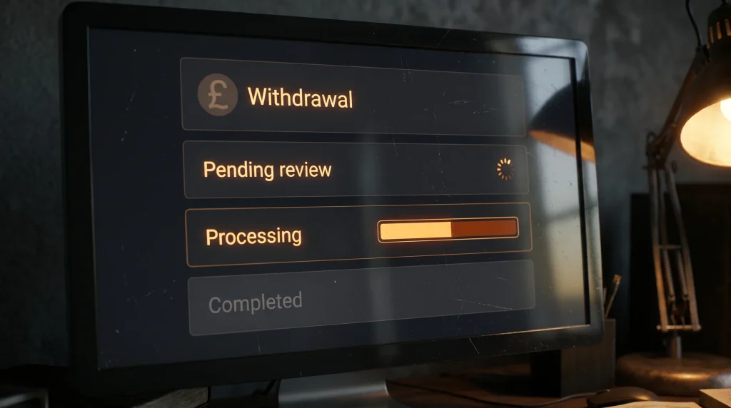 Cashier withdrawal request screen showing pending and processing stages on a desktop monitor